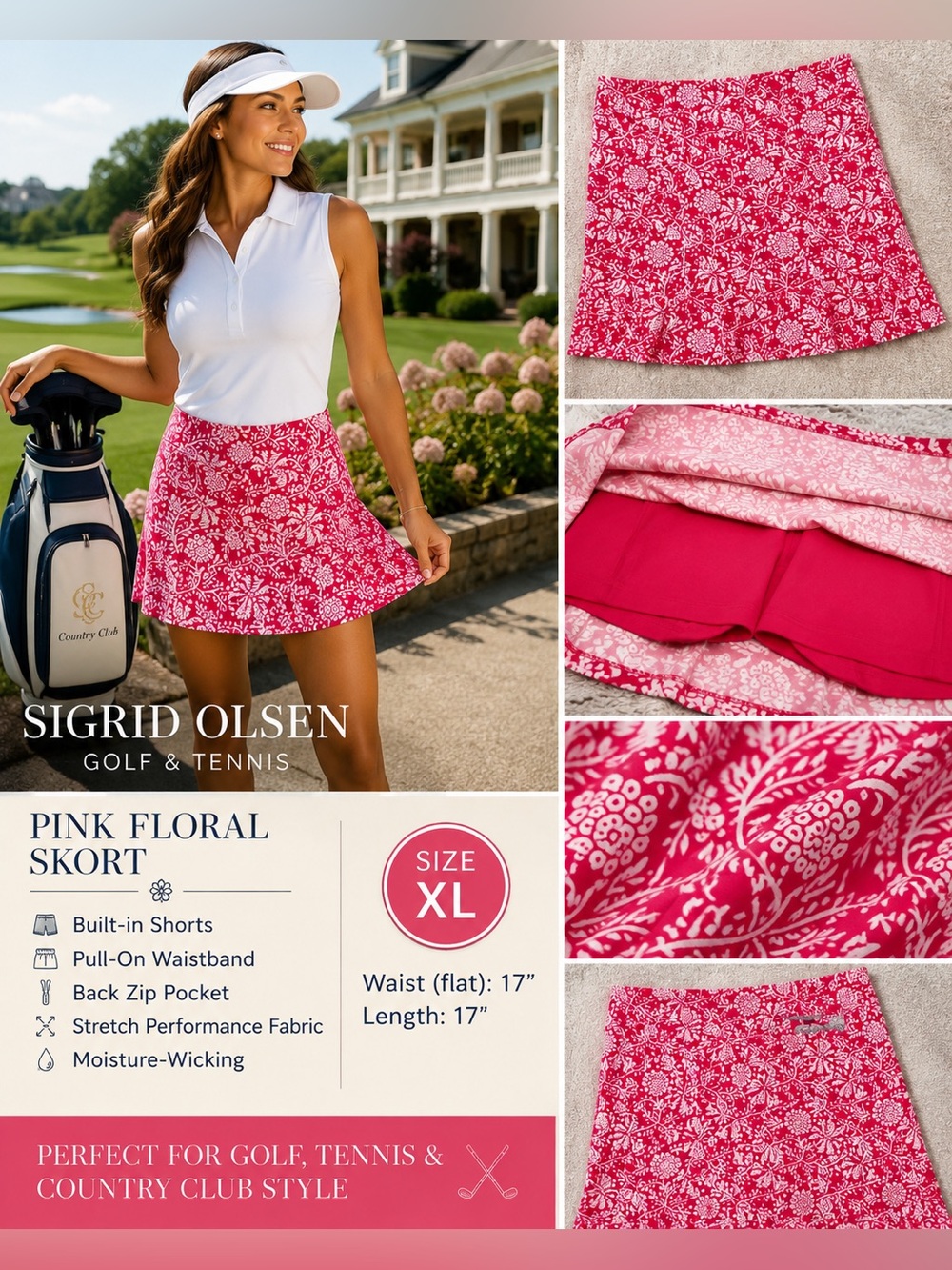 Sigrid Olsen Golf & Tennis Pink White Floral Athletic Skort XL Built-In Shorts